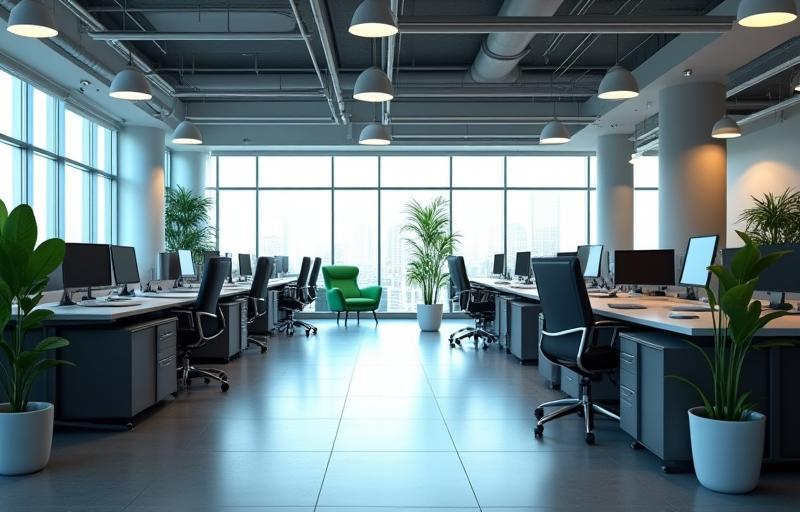 Interior view of the modern and collaborative Nirman Home Styles office space in Bengaluru.